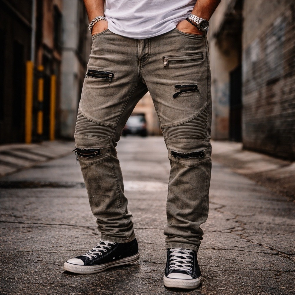 Moto Biker Jeans Mens 34x32 Distressed Zipper Punk Streetwear Slim Grunge